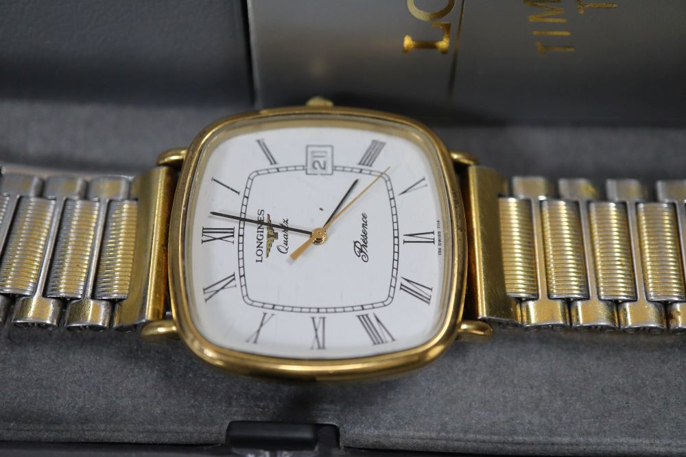 A gentlemans modern steel and gold plated Longines Presence quartz wrist watch, on associated bracelet, with box and cert,